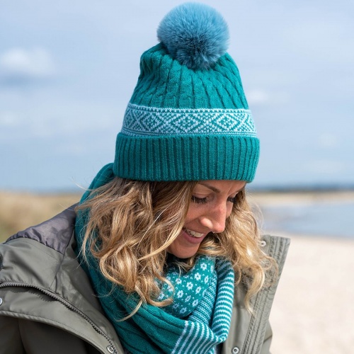 Teal Cable Knit Diamond Border Bobble Hat by Peace of Mind